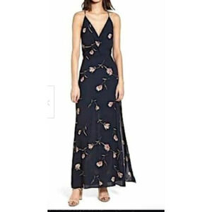 LUSH Floral Surplice Maxi Dress Side Slit Open Back Deep V Neck  S